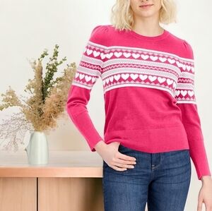 New Tommy Hilfiger Pink White Hearts Crew Neck Puff Sleeve Sweater Size Small